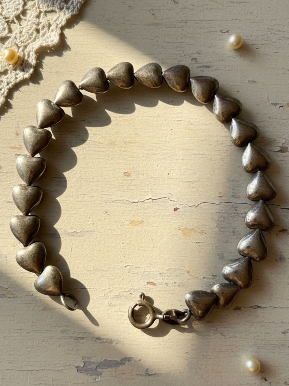Heart Bead Bracelet in Antique Silver Tone